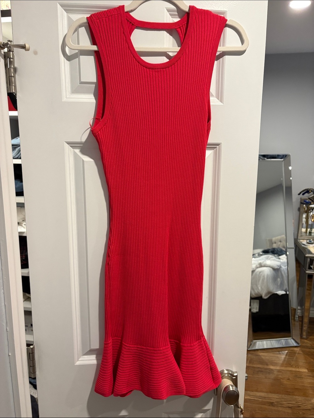 Pink Ribbed Sleeveless Midi Dress with Flared Hem